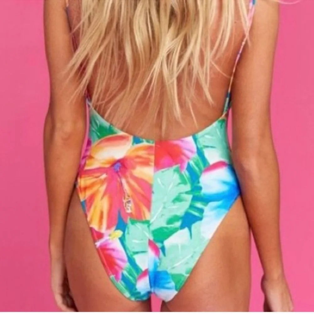 Show Me Your MuMu Tropical Floral One-Piece Swimsuit in Teal, Pink, Blue, Orange - Picture 2 of 9